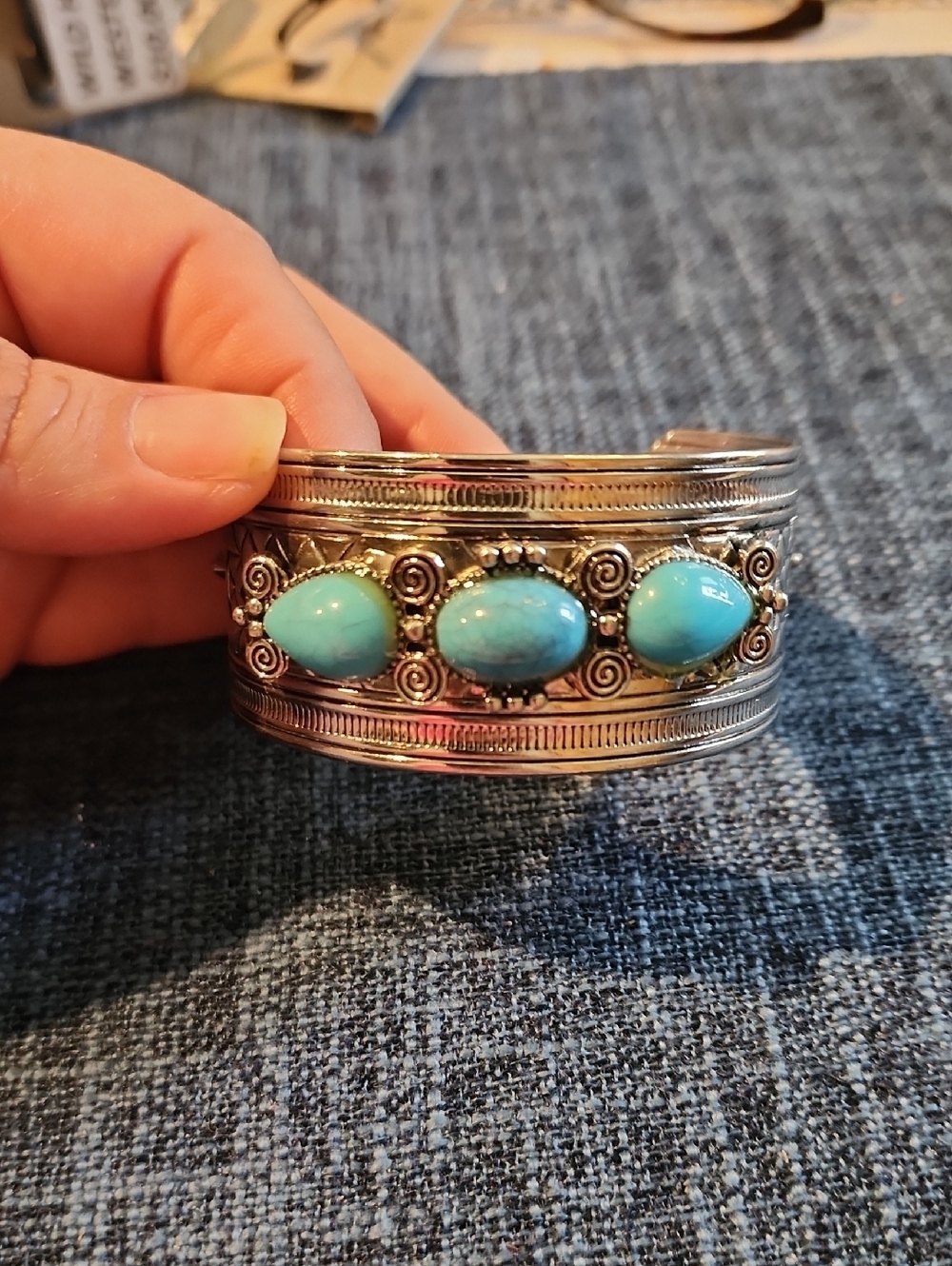 Turquoise Stone Silver-Tone Cuff Bracelet - Women Jewelry